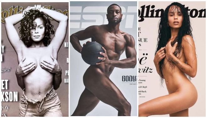 Three magazine covers featuring nude or partially nude individuals.