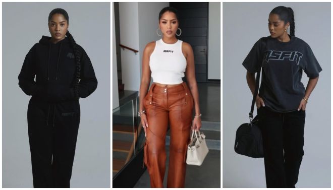 Three images showing a woman wearing a black hooded jacket, a woman wearing a white crop top and orange pants, and a woman wearing a black ESPN t-shirt.