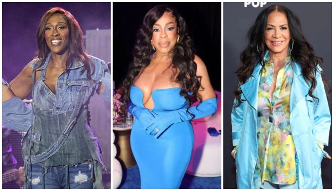 Three images of a woman with long, curly dark hair wearing colorful outfits on stage.