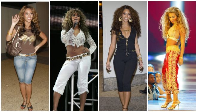 A collage of four images showing women in various performance outfits, including a brown crop top, white lace jumpsuit, black jumpsuit, and yellow and red outfit.