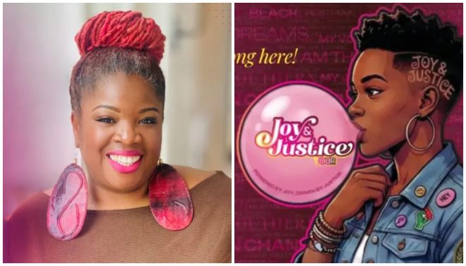 Two portraits: a woman with a red headwrap and large pink earrings smiling, and a woman wearing a denim jacket with "Joy & Justice" logo.