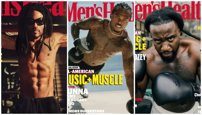 Three shirtless men, one with dreadlocks and sunglasses, another flexing muscular arms, and a third in boxing gloves.