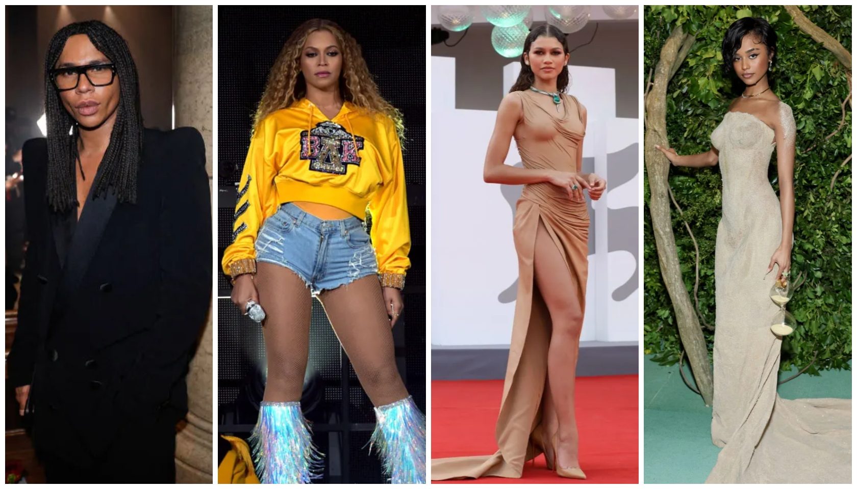 Four images of celebrities in various outfits: a woman in a black suit, a woman in a yellow top and denim shorts, a woman in a beige dress with a high slit, and a woman in a white gown.