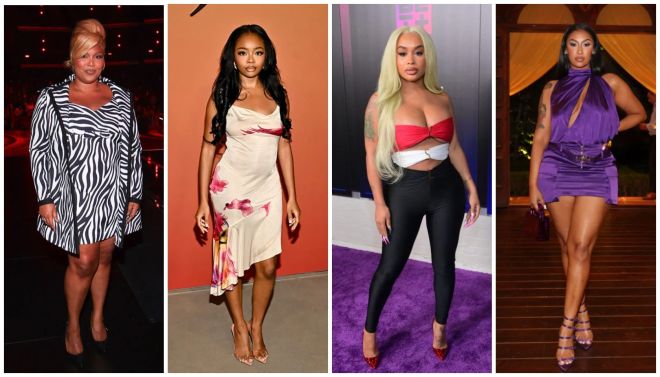 A collage of four images showing women in various stylish outfits, including a zebra print dress, a floral dress, a red crop top and black pants, and a purple mini dress.