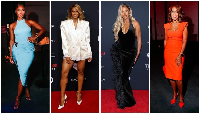 Four images of women in glamorous evening wear at a red carpet event.