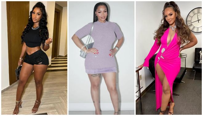 Three images of women in revealing outfits: a woman in a black crop top and shorts, a woman in a lavender mini dress, and a woman in a pink wrap dress with a high slit.