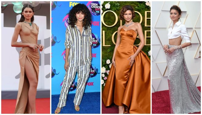 Four images of celebrities in stylish outfits: a woman in a tan dress, a woman in a striped jumpsuit, a woman in an orange gown, and a woman in a silver sequined dress.
