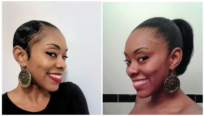 Two smiling portraits of a woman with short, dark hair wearing large, round earrings.