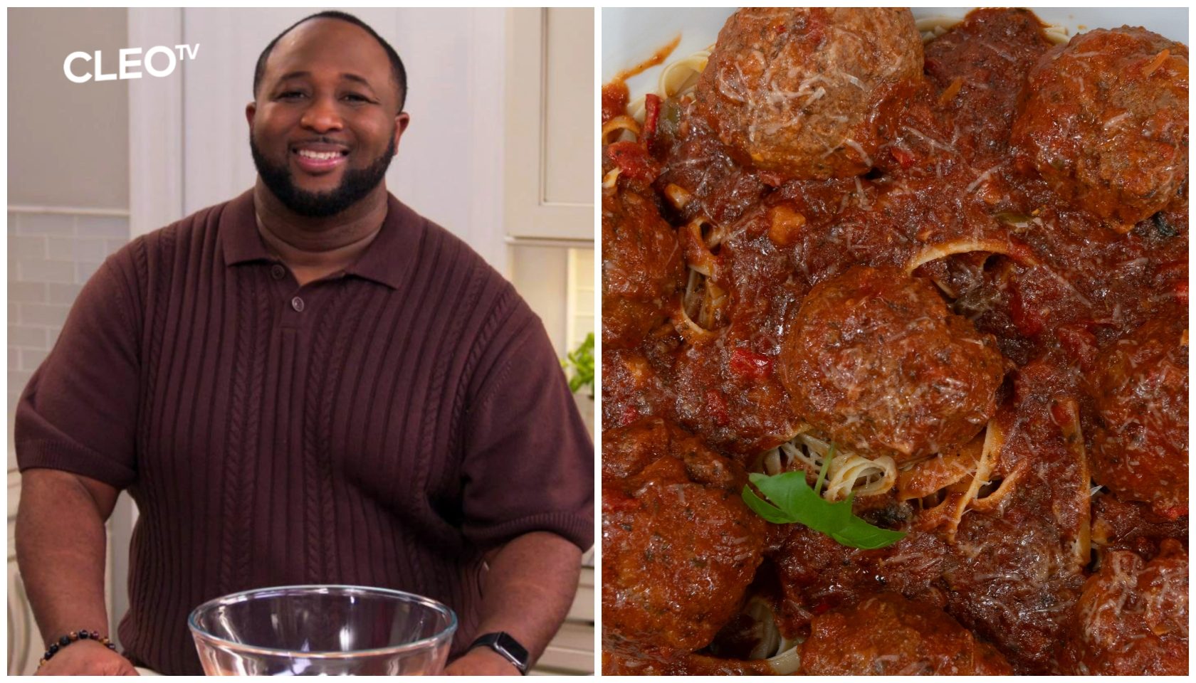 A smiling man wearing a brown shirt stands holding a bowl, next to an image of a dish of what appears to be a spicy meat stew or curry.
