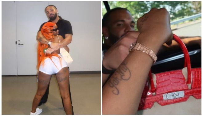 A man with a beard wearing an orange shirt and shorts, holding a small dog. A man wearing a red crocodile-patterned handbag.