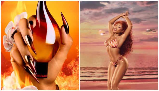 Fiery orange background with sharp claws. Person in a bikini posing on a beach at sunset.
