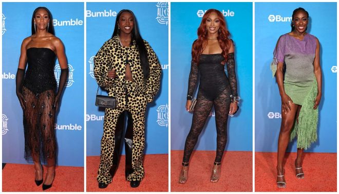 Four women in glamorous outfits posing on a red carpet at a Bumble event, including leopard print, sequins, and vibrant colors.