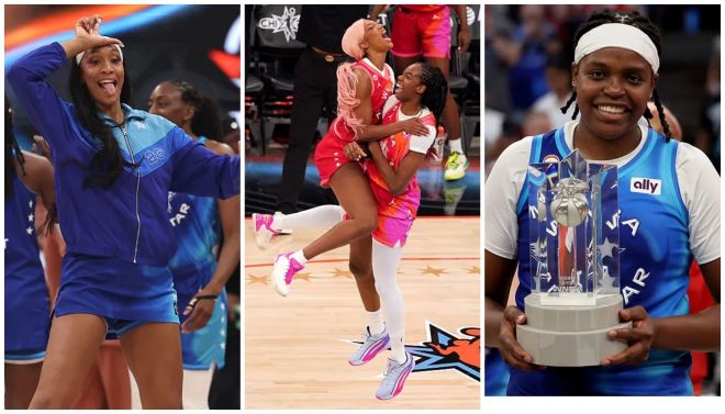 Three images showing a smiling woman in a blue jumpsuit, a woman in a pink and white uniform jumping, and a woman holding a trophy.
