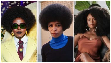 Three portraits of a person with an afro hairstyle wearing different outfits and accessories.