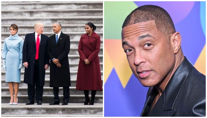 Four people standing on steps, including the current and two former U.S. presidents. A close-up portrait of a man with a serious expression.