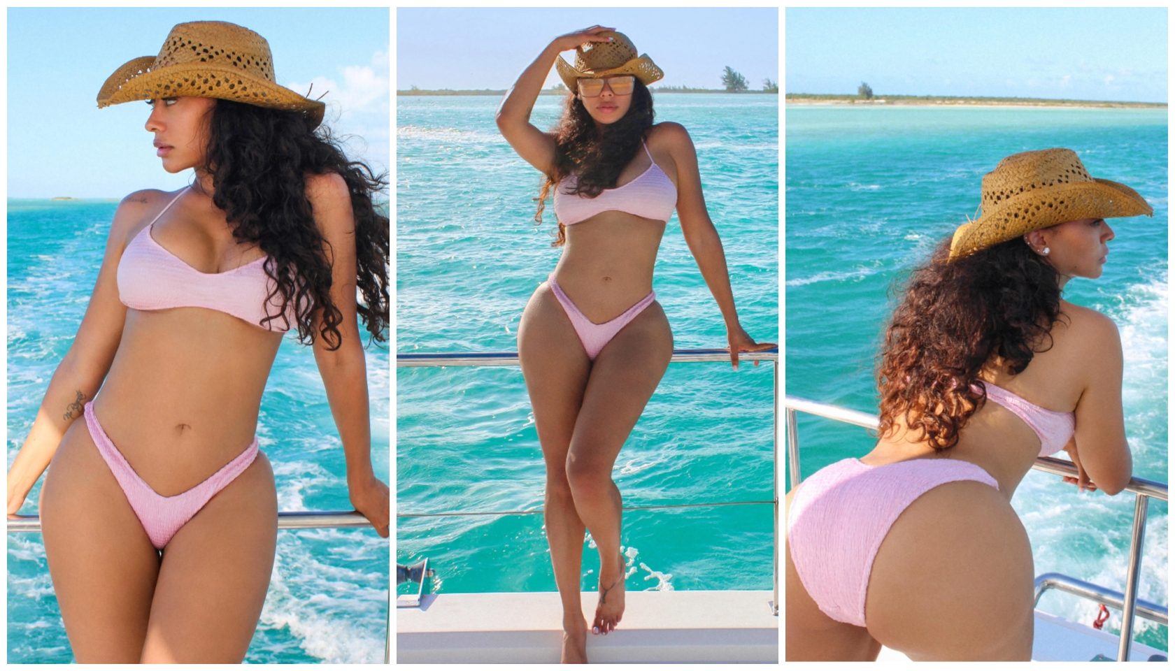 Three images of a woman wearing a pink bikini and straw hat, standing on a boat in a tropical ocean setting.