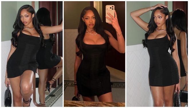 A collage of three images showing a woman in a black dress posing in different positions, with her phone visible in one image.