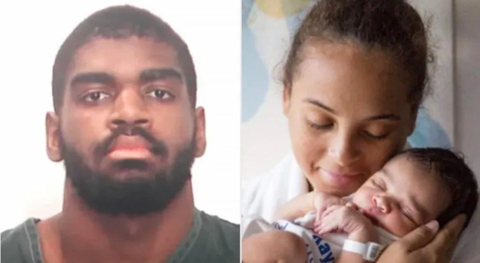 A man with a beard looking directly at the camera. A woman holding a sleeping newborn baby.