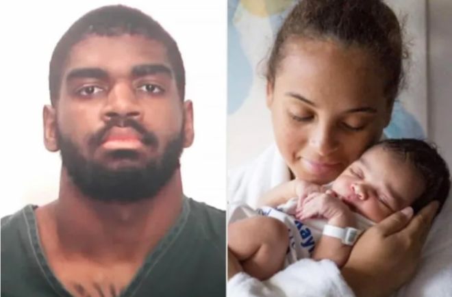 A man with a beard looking directly at the camera. A woman holding a sleeping newborn baby.