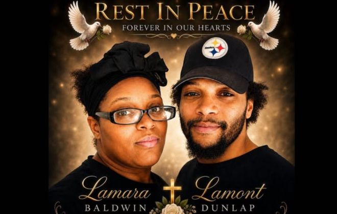 Two people, a man and a woman, wearing black hats and posing together. The text above reads "Rest in Peace Forever in our Hearts" and includes the names "Lamara Baldwin" and "Lamont Dunlap".