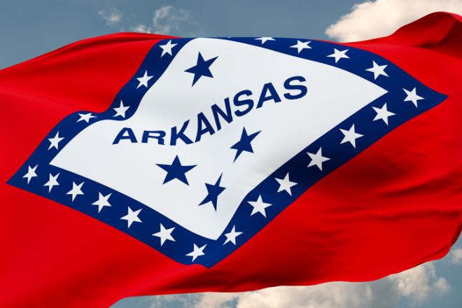 Close up waving flag of Arkansas, United States.