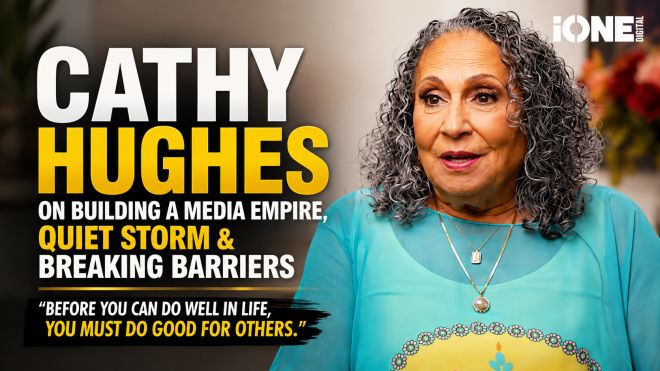 Cathy Hughes, a media executive, posing for a portrait with a warm expression and colorful jewelry.