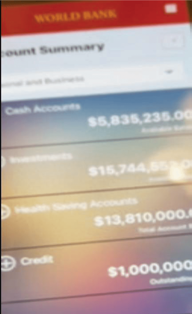 World Bank account summary showing account balance of $5,838,228.00 and transactions totaling $16,724,000.00 and $1,000,000.00.