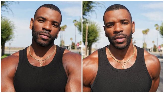 Two portraits of a Black man wearing a black tank top and gold necklace, with a serious expression on his face.