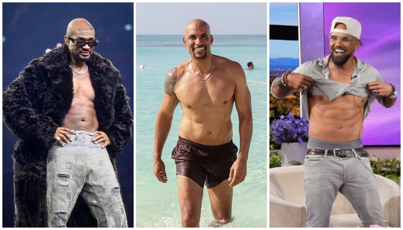 Three shirtless men: one wearing a furry black coat, one on a beach, and one on a TV show set.