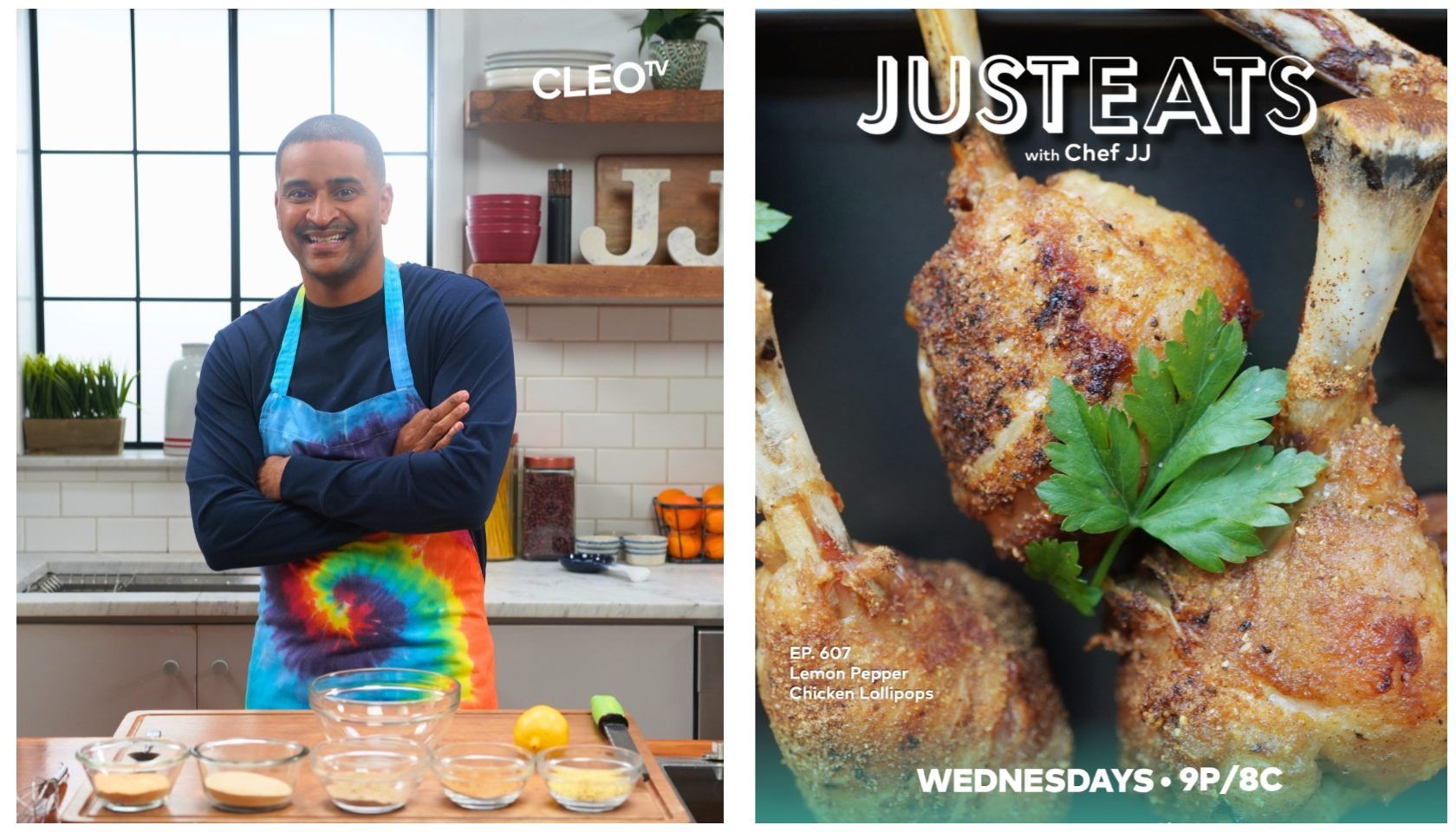 A smiling man wearing a tie-dye apron stands in a kitchen, with a TV screen showing a food show titled "Just Eats with Chef JJ".