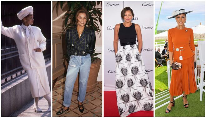 A collage of four images: a person in a white uniform, a person in a plaid jacket, a person in a floral dress at a Cartier event, and a person in an orange dress at an outdoor event.