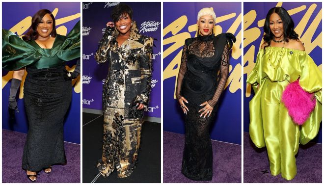 Four images of people wearing colorful, stylish outfits at an event. The first image shows a woman in a green dress, the second shows a woman in a patterned dress, the third shows a woman in a black lace dress, and the fourth shows a woman in a bright yellow outfit.