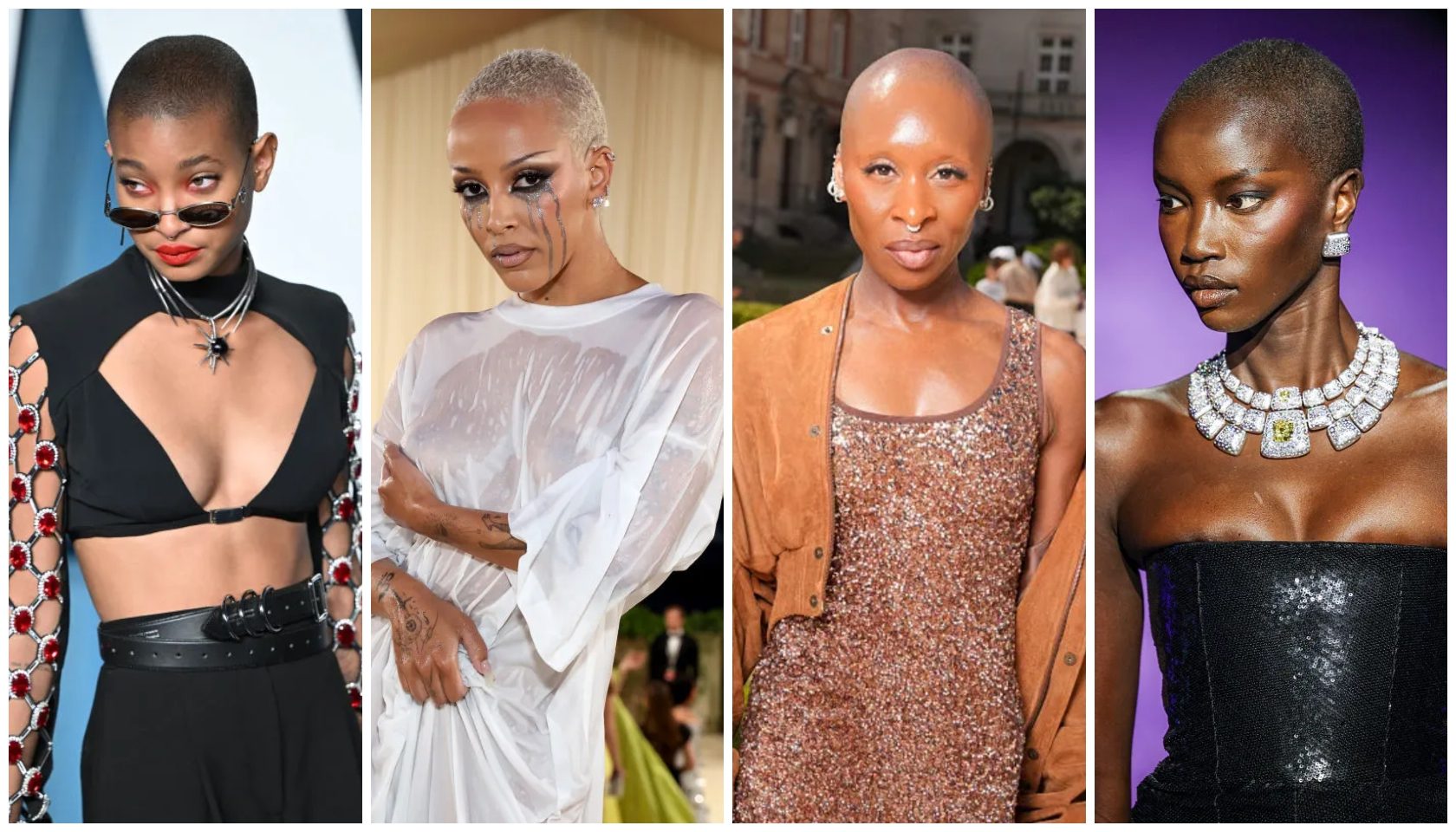 A collage of four images featuring Black women in glamorous fashion and jewelry.