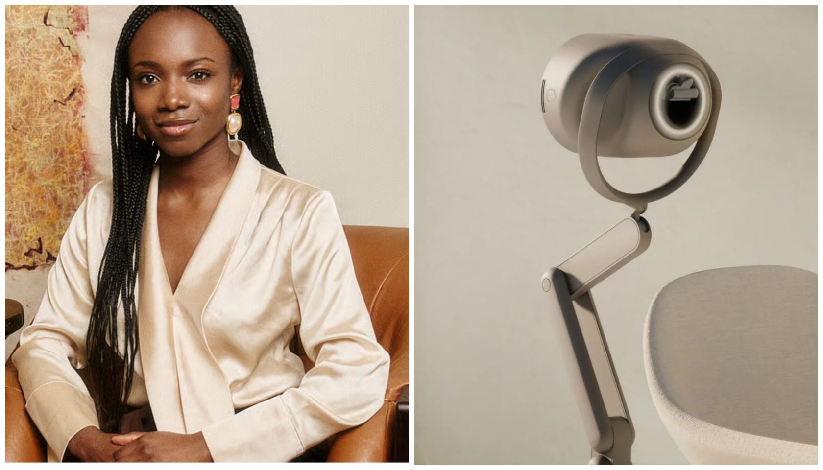 A woman with long braided hair wearing a beige blazer, sitting in a chair. A white desk lamp with an adjustable arm is visible in the background.