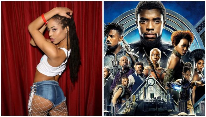 A woman with long braided hair posing in front of a red curtain. The second image shows the movie poster for the film "Black Panther" featuring the main cast.