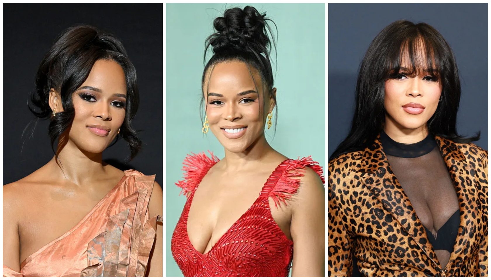 Three headshot portraits of a woman with long dark hair wearing different outfits: a pink floral dress, a red sequined dress, and a leopard print jacket.