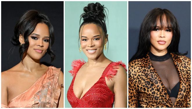 Three headshot portraits of a woman with long dark hair wearing different outfits: a pink floral dress, a red sequined dress, and a leopard print jacket.