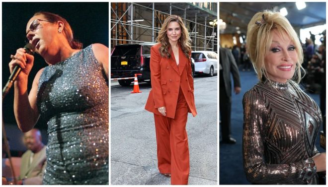 A collage of three images: a woman singing on stage in a sparkling dress, a woman in a red suit posing on a city street, and a woman in a metallic dress on a red carpet.