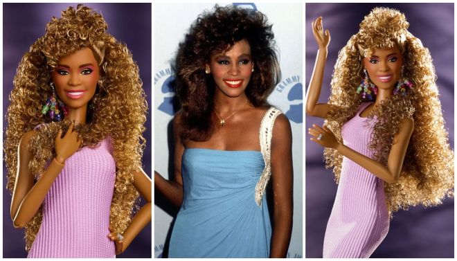 Three images of a woman with curly golden hair wearing a pink dress posing in different positions.